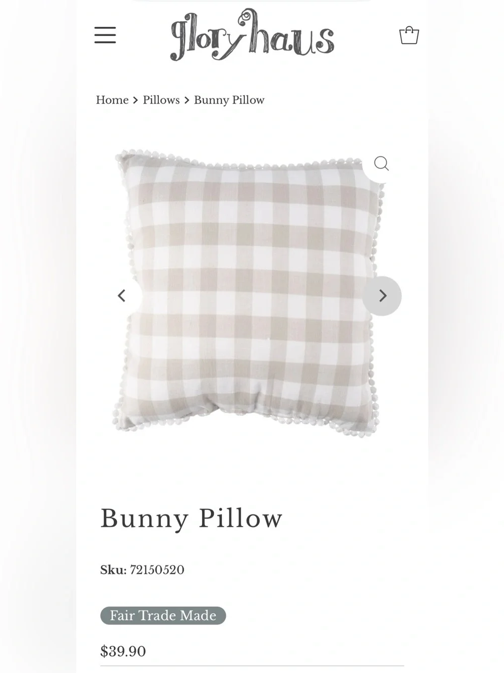 Glory Haus Bunny Pillow Tan & White Gingham Rabbit Appliqué NWT